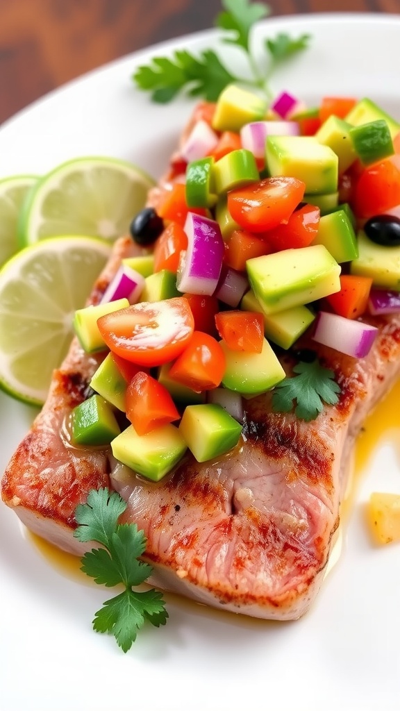 Perfectly Seared Tuna Steak with Fresh Avocado Salsa Seared tuna steak topped with avocado salsa, garnished with lime and cilantro on a white plate.